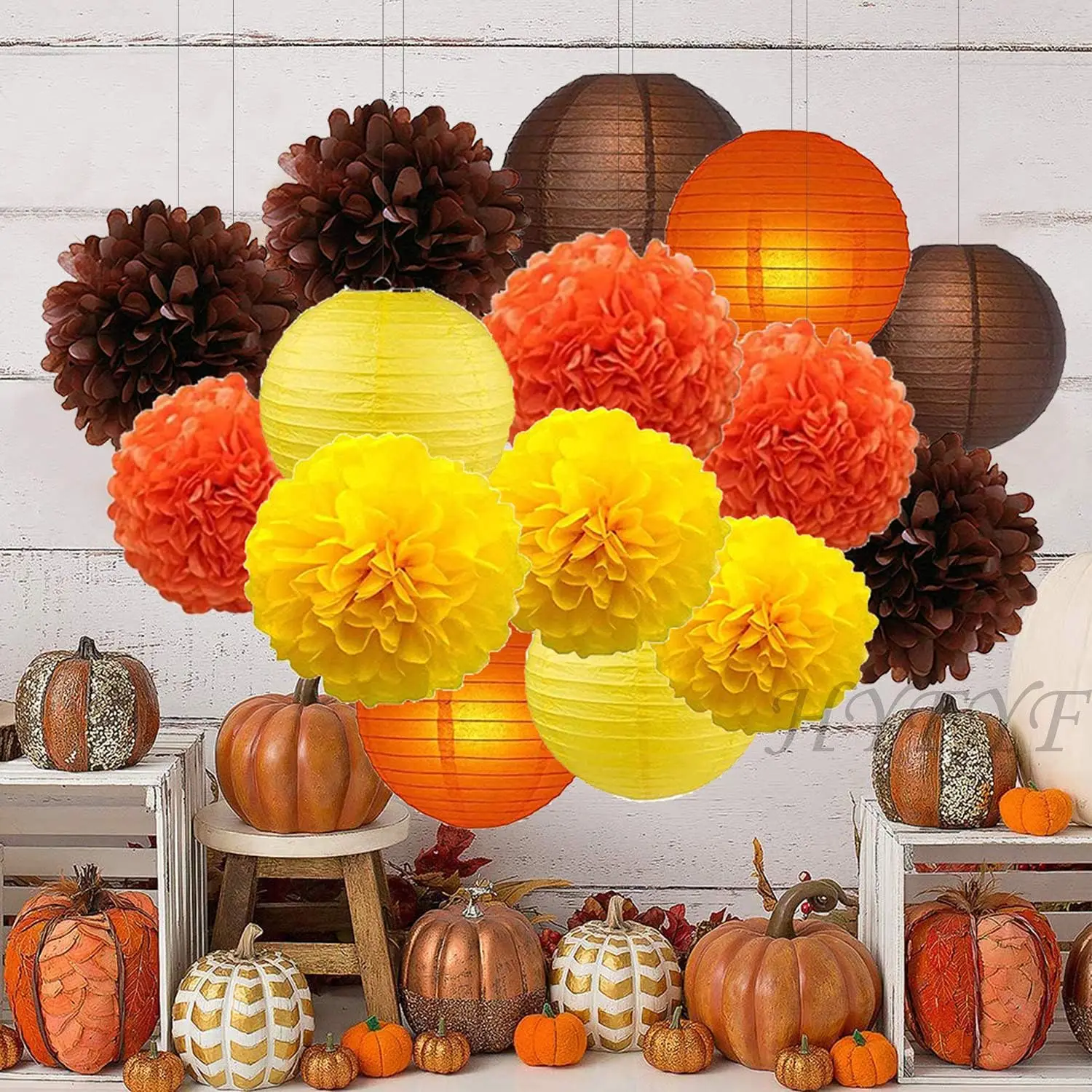 16pcs Yellow Brown Orange Fall Party Decoration Paper Lanterns Paper Flower Set Thanksgiving day, Fall Bohemian Birthday