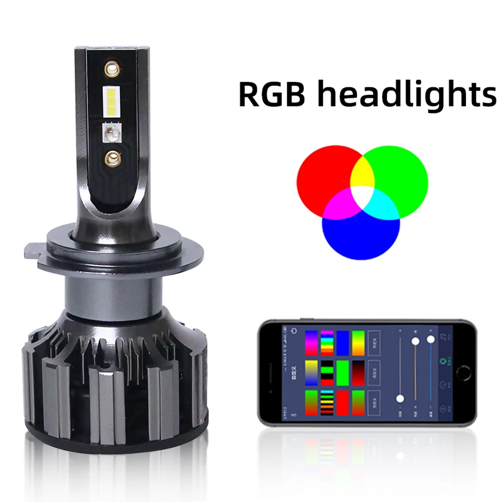 2PCS RGB LED Headlight Car H7 APP Bluetooth-Compatible Control H4 H8 H11 Multi Colors LED Bulbs 9005 9006 For Camry Ford BMW