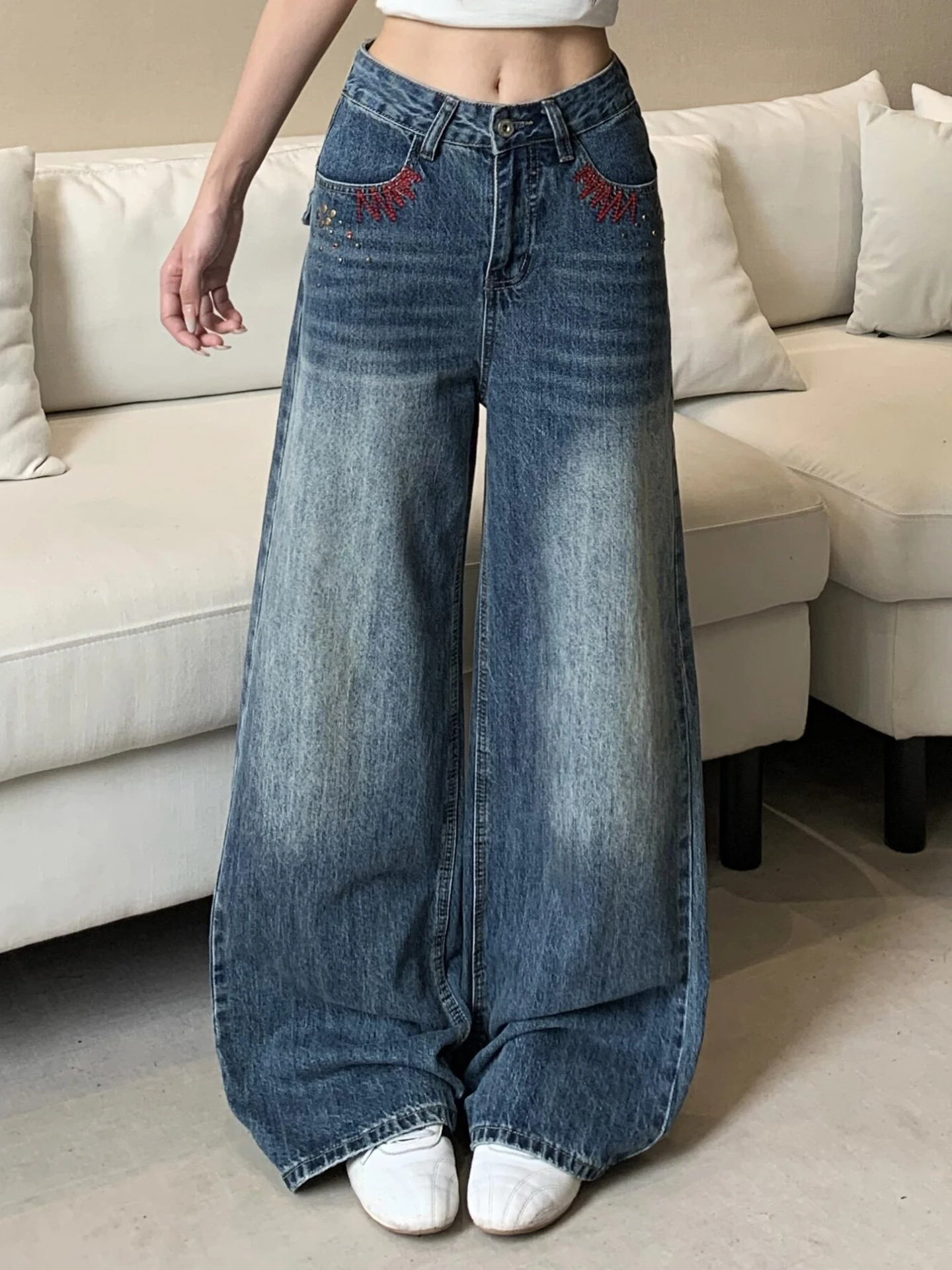 

Ретро-джинсы американского стиля синего цвета с вышивкой, прямые, свободные, широкие, в пол, женские, весенние, из хлопка, с естественной линией талии