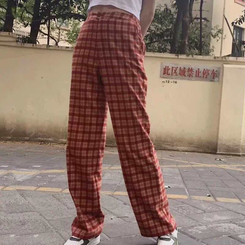 

Women Harajuku Retro Plaid Pants Fashion High Waist Straight Pant Women Vintage Trousers Checkered Sweatpant Streetwear Girls