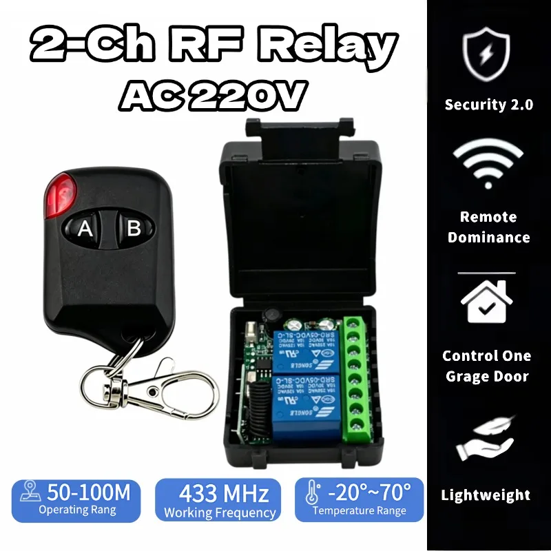 433Mhz 220V 110V Remote Control Switch for Light,Door, Garage Universal Remote AC 85V ~ 250V 2CH Relay Receiver and Controller