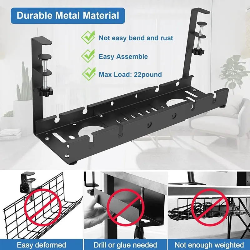 Gestión de cables extensible debajo del escritorio, bandeja de cables de Metal debajo del escritorio con abrazadera, tira de alimentación retráctil,