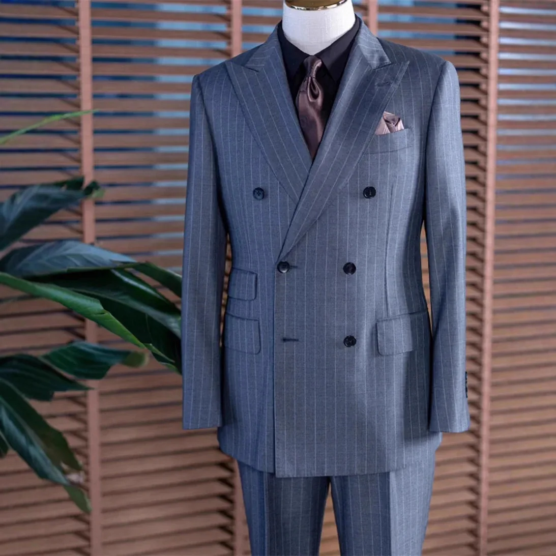 2026 New Navy Blue Striped Slim And Thin Two-piece Groom Best Man Wedding Banquet Large Size Suit