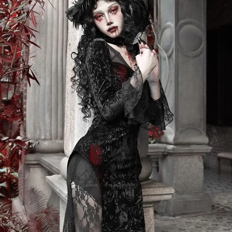 Blood Supply Original Design Vampire Black Red Dress Lace Patch Gothic Velvet Trumpet Long Sleeve X-Long Dress Holloween