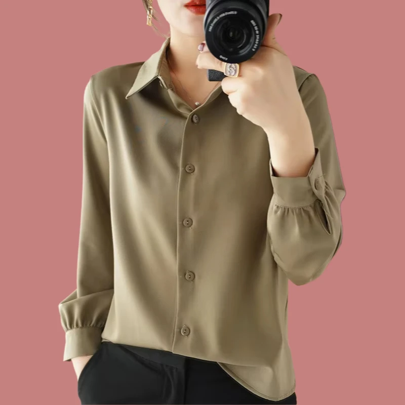 2025 Summer Women's Satin Blouse Long Sleeve Loose Thin Shirts Silk Office Lady Top Acetate Solid Color Turn-down Collar Shirt