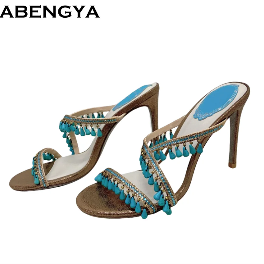 

Summer Open Toe Slides Thin High Heels Slipper Women's Crystal Tassels High Heels Sandals Runway Party Dress Shoes Ladies
