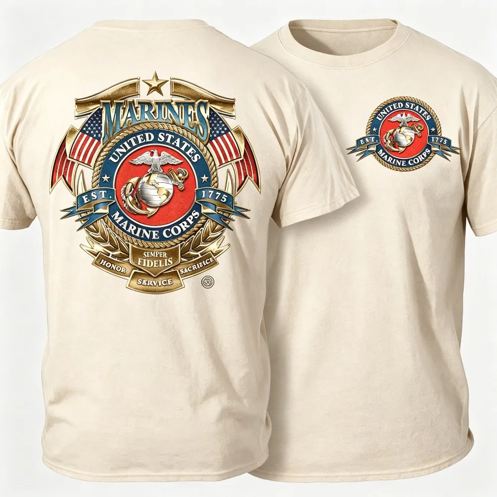 2026 Now Men USMC Short‑Sleeve US Marine Corps Badge‑of‑Honor Graphic Print O‑Neck   Luxury‑Inspired Military‑Fan Casual Top