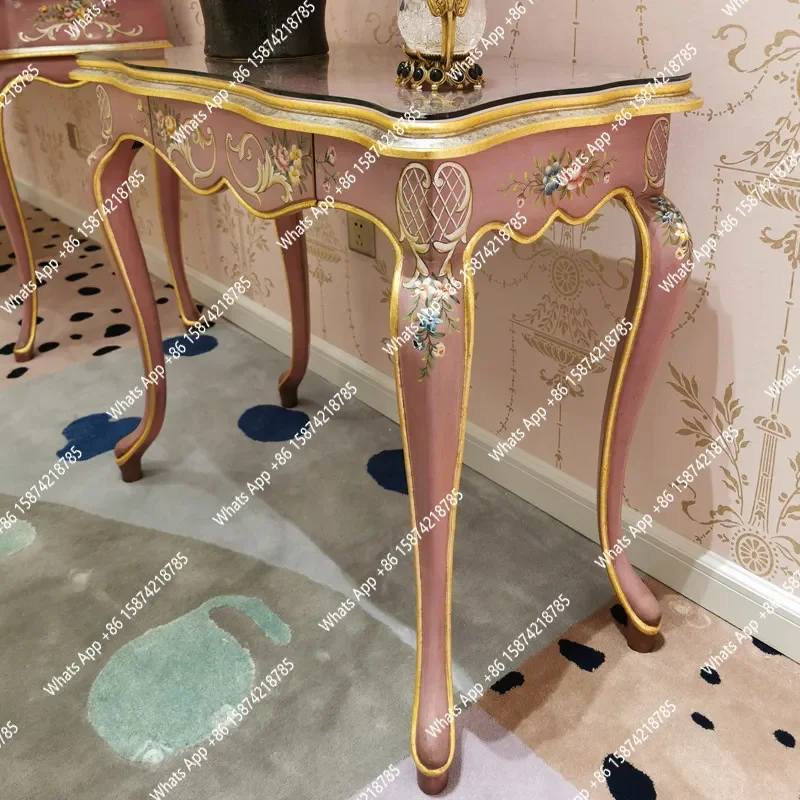 S69 [Antique Rose Red] French Hand-painted Flower Solid Wood Writing Desk Duchess Rose Red Pink Desk