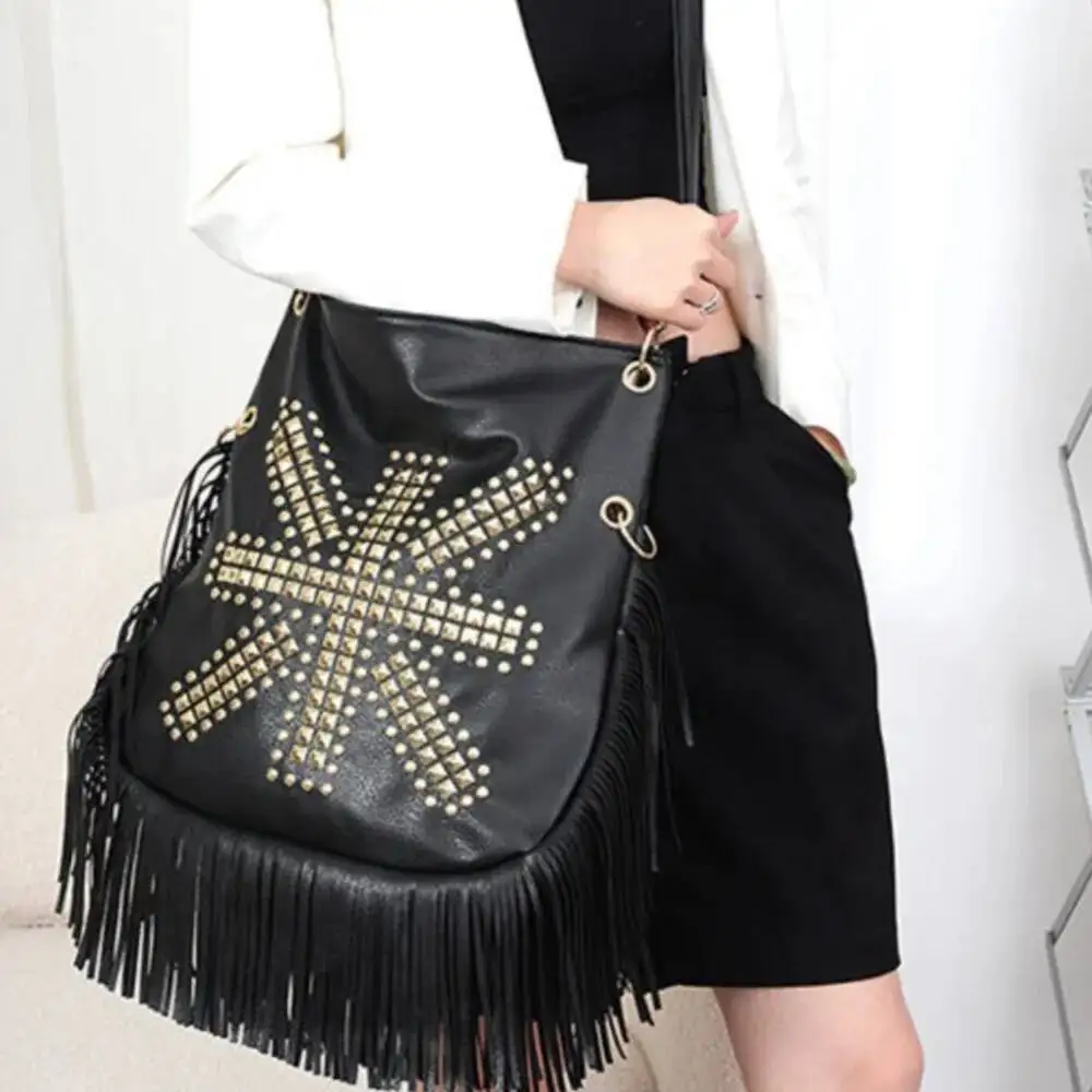 Bloom Vintage Beading Black Handbag Women Large Capacity Tassel Casual Shoulder Bags Female Retro Soft Leather Handbags Purse