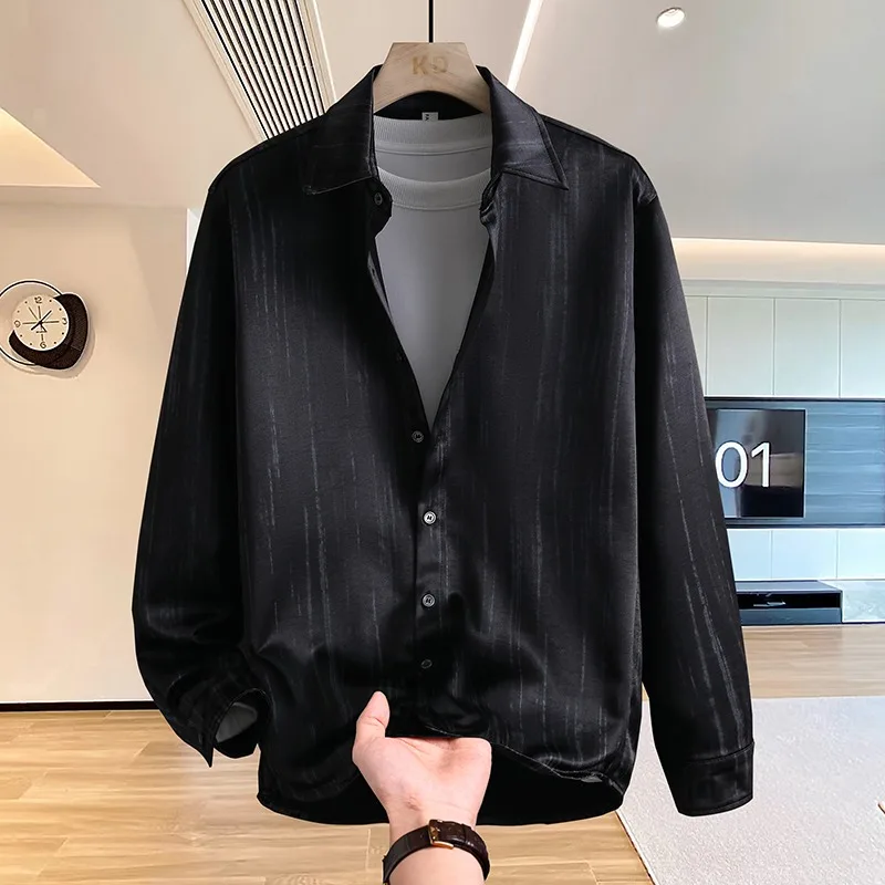 

Light Luxury Satin Long Sleeved Shirt for Men's Retro Elegance Loose Casual Shirt Celebrity Banquet Costume Men Clothing M-4XL