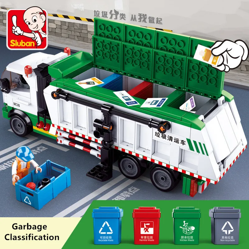 Sluban 432PCS Urban Sim City Garbage Truck Classification Sanitation Assembled Figures Building Blocks Constructor Toys B0780