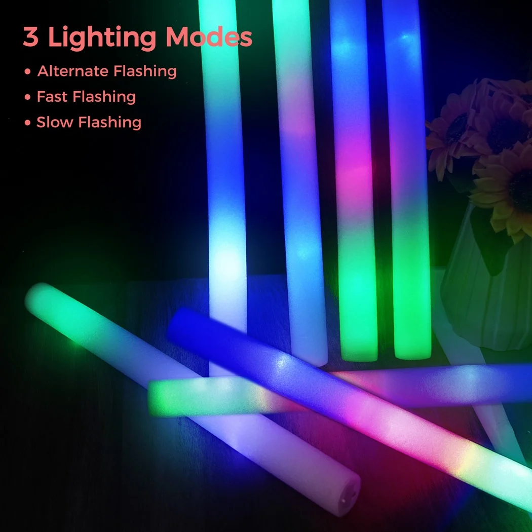 40PCS Led Foam Sticks Foam Glow Sticks With 3 Modes Colorful LED Cheer Tube Dark Flashing Light Birthday Wedding Party Supplies