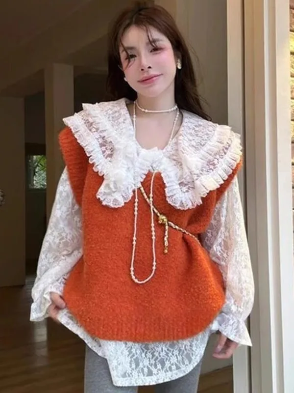 

Корейский оранжевый вязаный жилет с v-образным вырезом, женский осенне-зимний новый простой теплый конверт, верхняя многослойная одежда