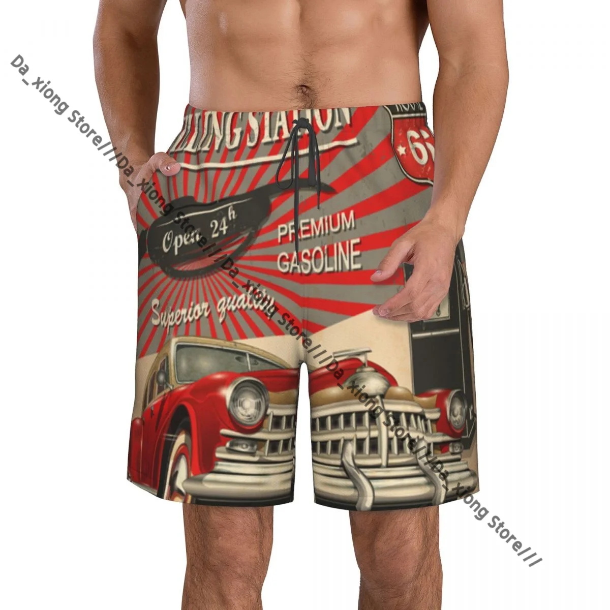 

Мужские пляжные короткие шорты для плавания, бензиновая станция, коммерческий элемент, маршрут 66, спортивные шорты для серфинга с принтом, купальники