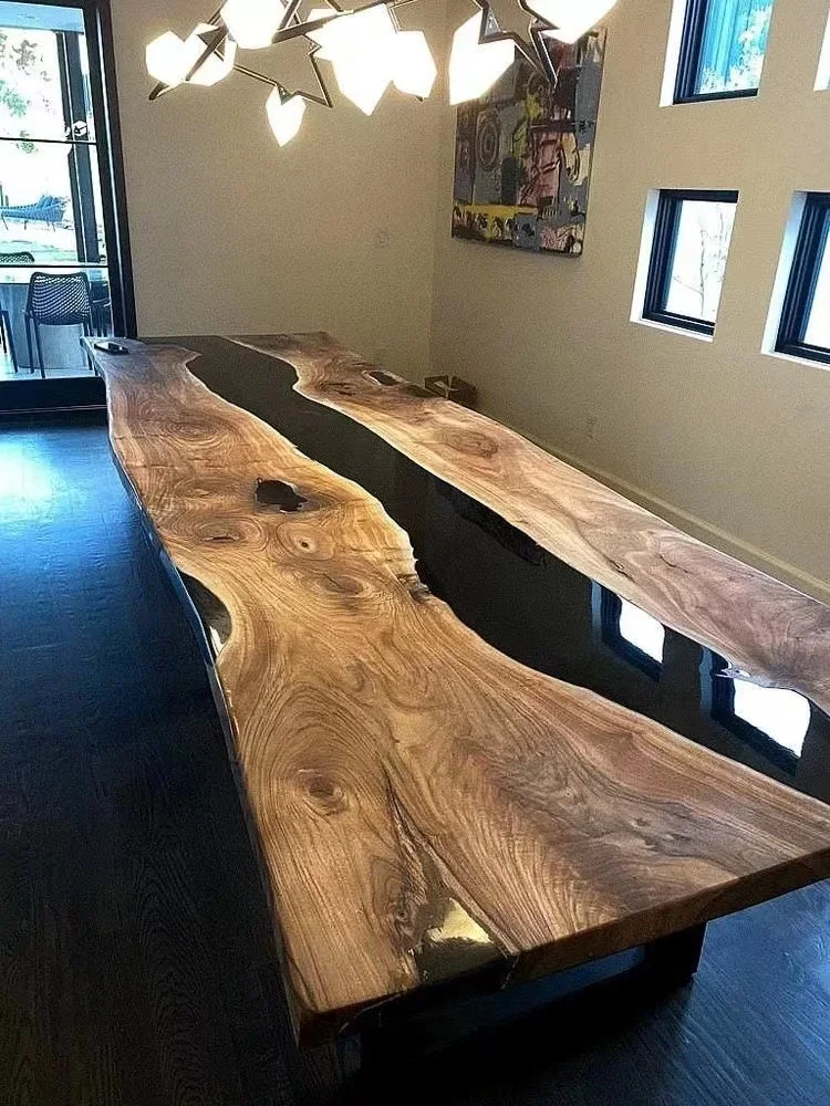 For Restaurant Solid Walnut Wood Kitchen Epoxy Resin Slab River Dining Table Top