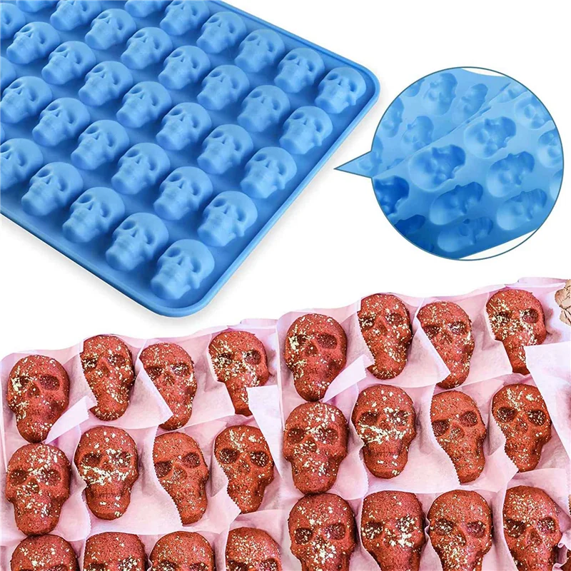 NOCM 4Pcs Gummy Skull Candy Molds Silicone,Chocolate Gummy Molds With 2 Droppers Nonstick Food Grade Silicone For Candy Blue