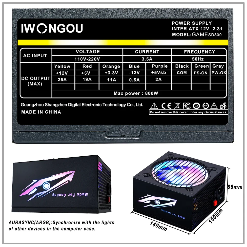 IWONGOU Fonte 600W 80 Plus With SYNC RGB Fan Power Supply 600Watt  Active PFC Computer Source For Gaming Desktop GAMESD800 PSU