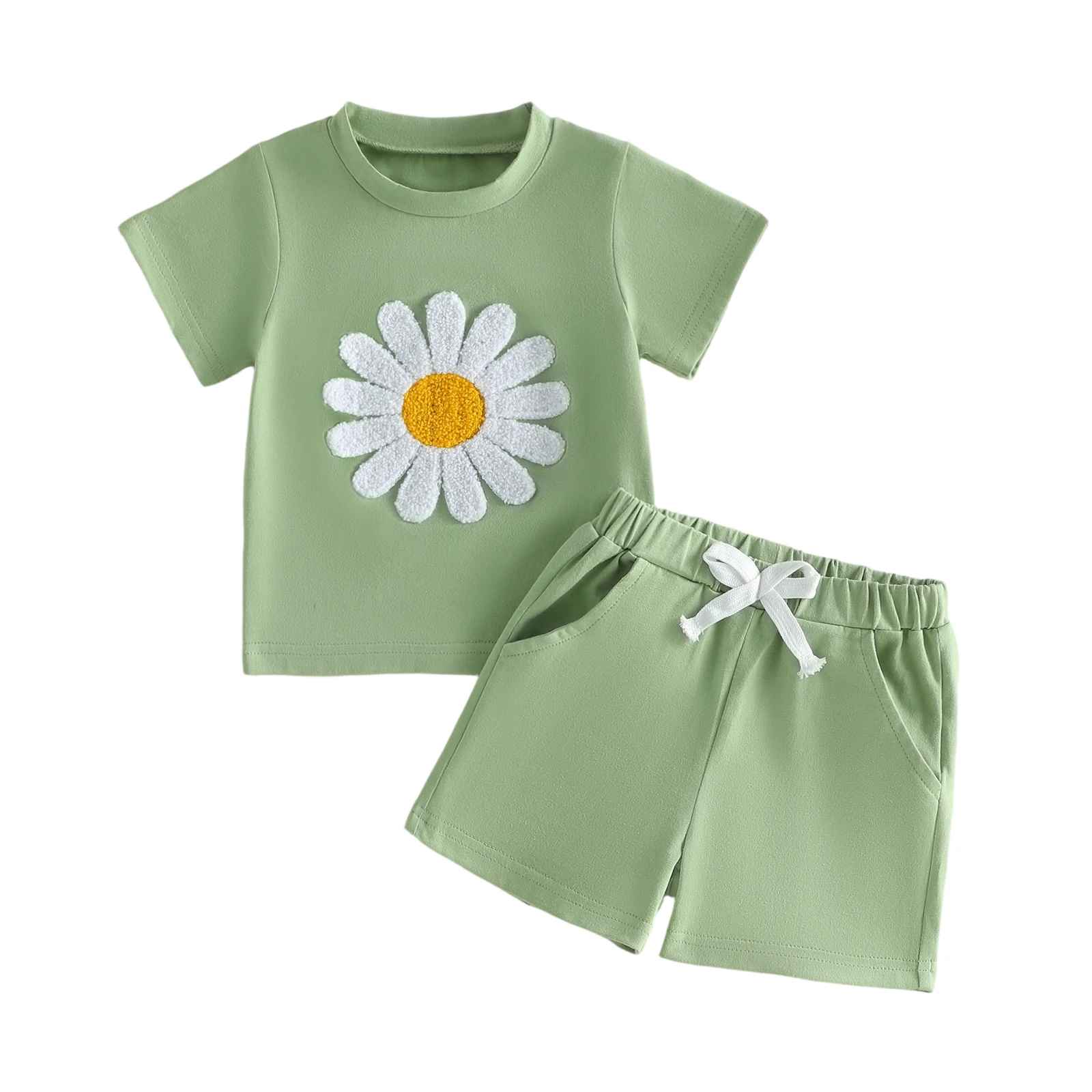Toddler Baby Summer Outfit Flower/Bee Embroidered Crew Neck Short Sleeve Tops and Shorts 2 Pcs Set