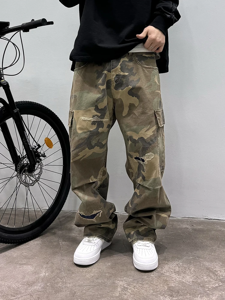 

American Style Vintage Camouflage Work Pants Men's Loose Casual Logging Pants Worn Wide Leg Long Trousers Youthful Energy Style