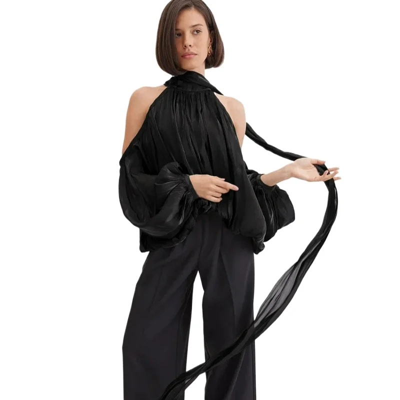 

New Fashionable French Gentle Halter Neck Flowing Collar Long-sleeved Off-the-shoulder Top Women Silver Thread Shirt Spring 2026