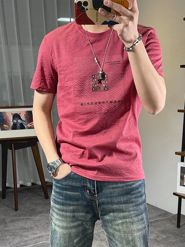 クールセンセーションアイスシルクコットンリネンメンズ半袖tシャツ夏クリエイティブレターパッチワークプリント刺繍薄手軽量…