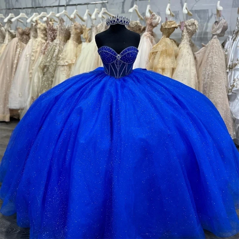 

Blue Glitter Crystal Sequined Ball Gown Quinceanera Dresses Off The Shoulder Beading Bow Tull Corset Vestidos De 15 Años