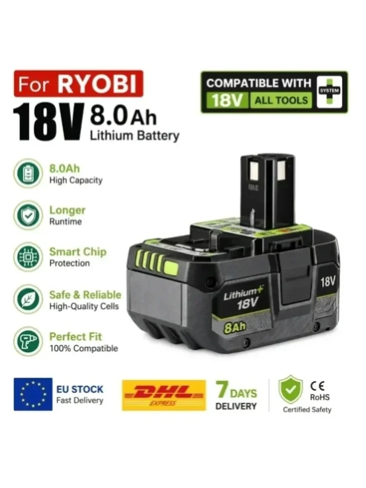 EU Schnellversand für Ryobi ONE+ 18V 8.0Ah Li-Ion Ersatzakku P102 P103 P104 P105 P107 P108 P109 P122 P190 Elektrowerkzeug-Akku