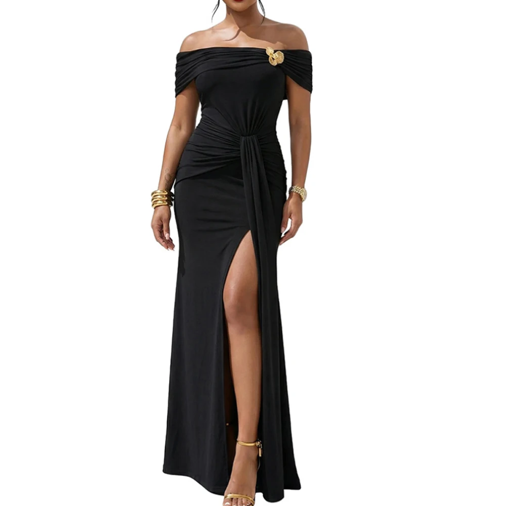 Off Shoulder High Split Solid Color Dress Women Summer Short Sleeve Party Dress