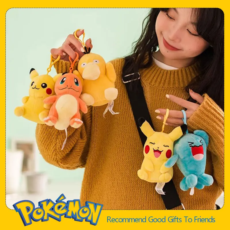 Anime Pokemon Kawaii Pikachu Keychain Eevee Mew Bulbasaur Charmander Snorlax Psyduck Stuffed Toy Cute Plush Keyring Doll Pendant