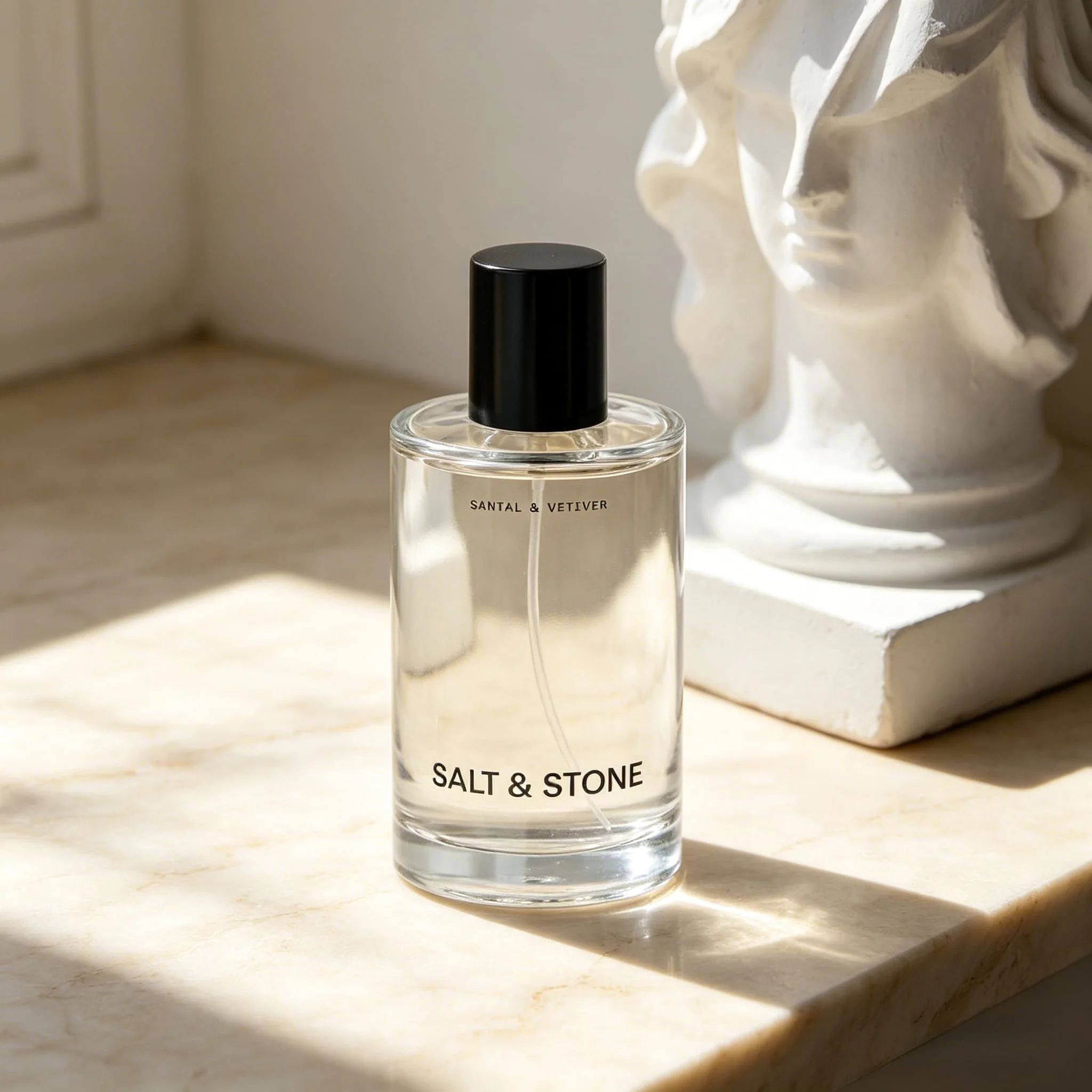 

Salt & Stone Santal & Vetiver EDP | Minimalist clear bottle, warm woody notes, sophisticated vibe