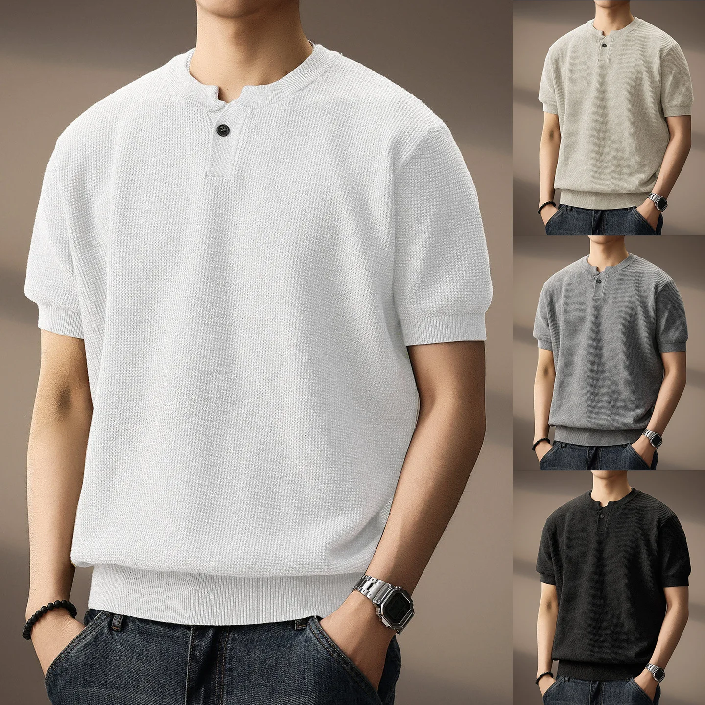 Summer New Knitted Sweater Short-sleeved T-shirt Men's V-neck Old Money Wind Business Ice Silk Summer
