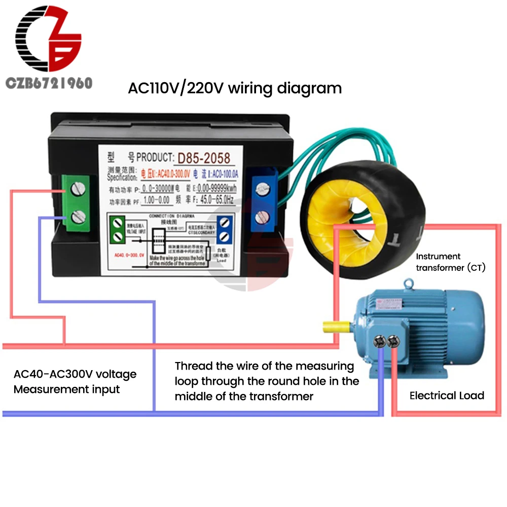 AC 6 in1 220V 110V 40V~300V 100A Digital Ampermeter Power Energy Voltmeter Ammeter Volt Watt Kwh temperature Meter Time Split CT