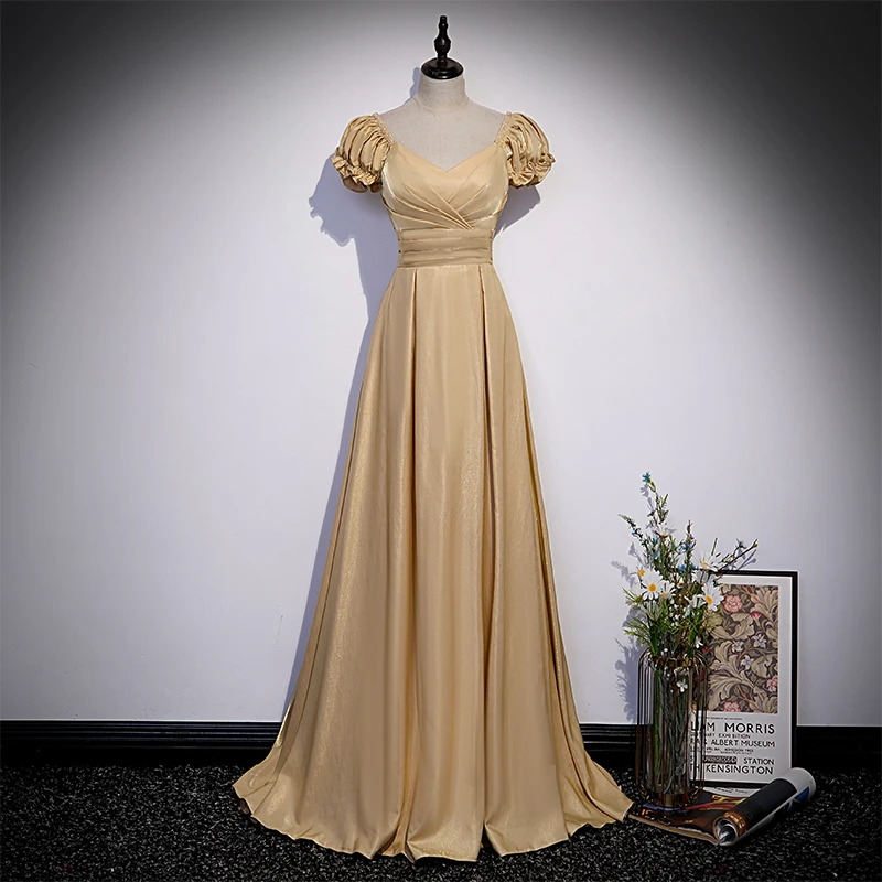 Evening Dress Yellow Shiny Satin Bling V-neck Pleat Short Sleeves Lace up A-line Floor Length Plus size Lady Party Dresses B2380