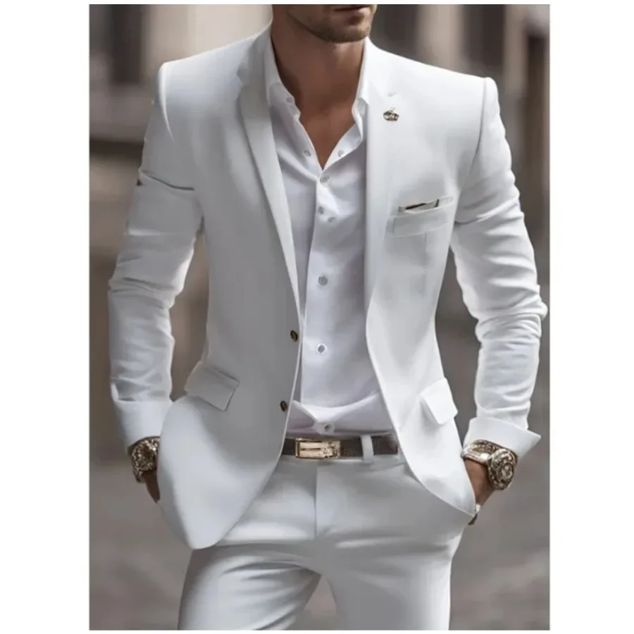 

White Chic Men Suits 2 Pieces Notch Lapel Single Breasted Male Outfits Formal Casual Slim Business Custom Suit (Blazer+Pants)