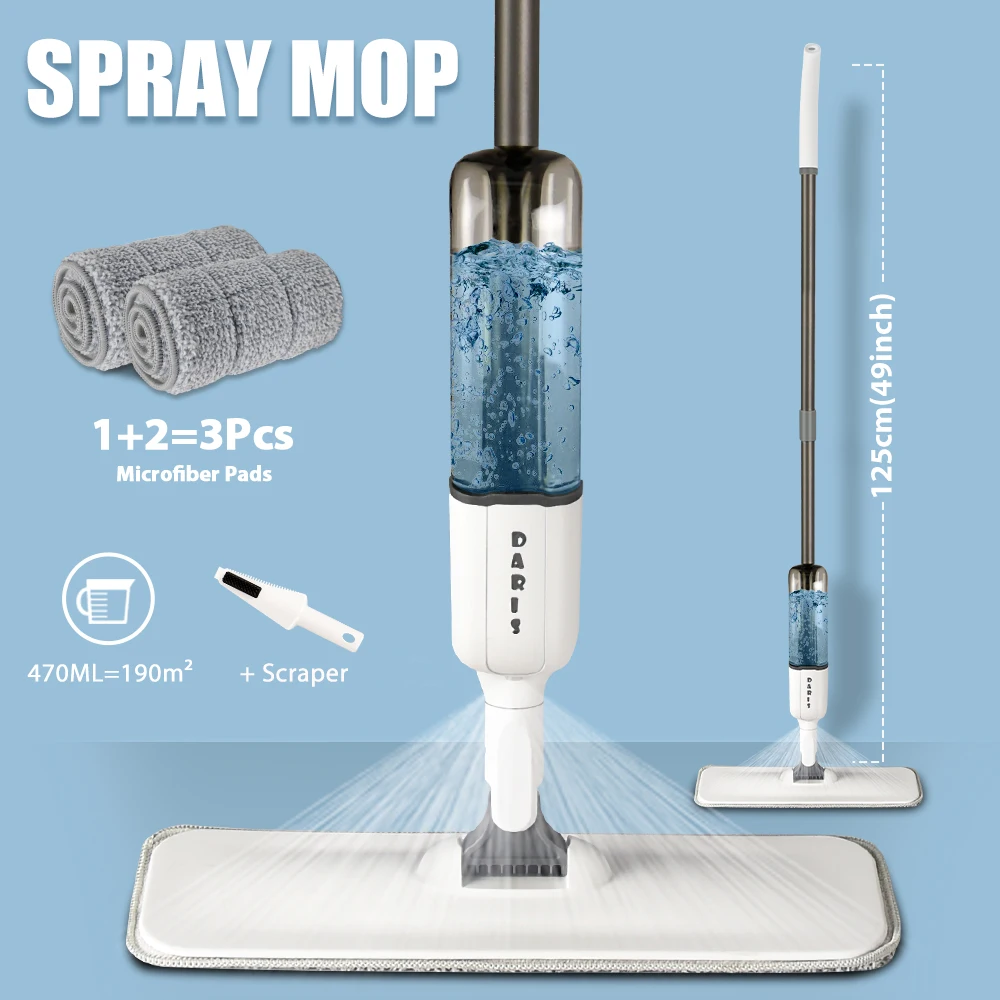 Mop płaski DARIS w sprayu z podkładkami z mikrofibry wielokrotnego użytku 360° °   Obrotowy mop do czyszczenia podłóg 500 ml Kwadratowa trójkątna butelka o dużej pojemności