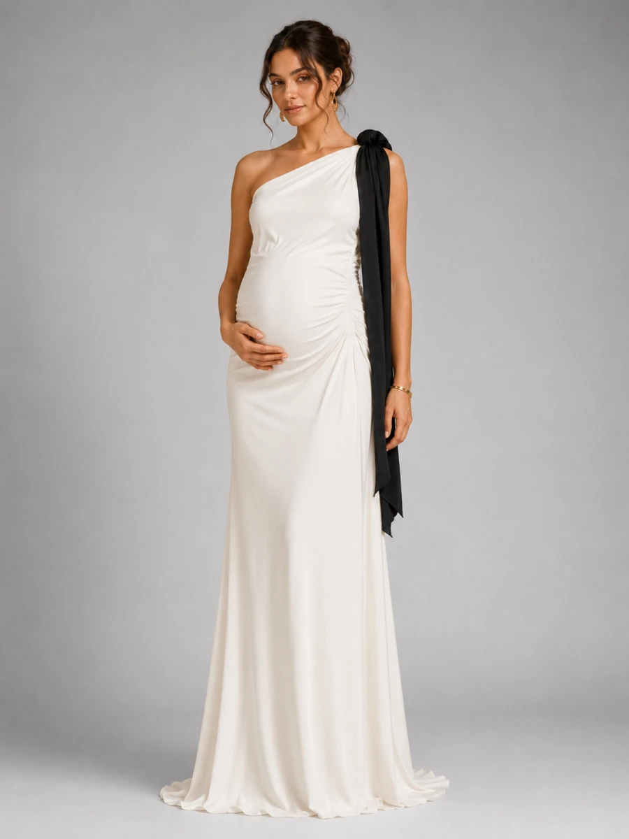 Ivory One-Shoulder Black Draped Sash Maternity Baby Shower Dress L-26930