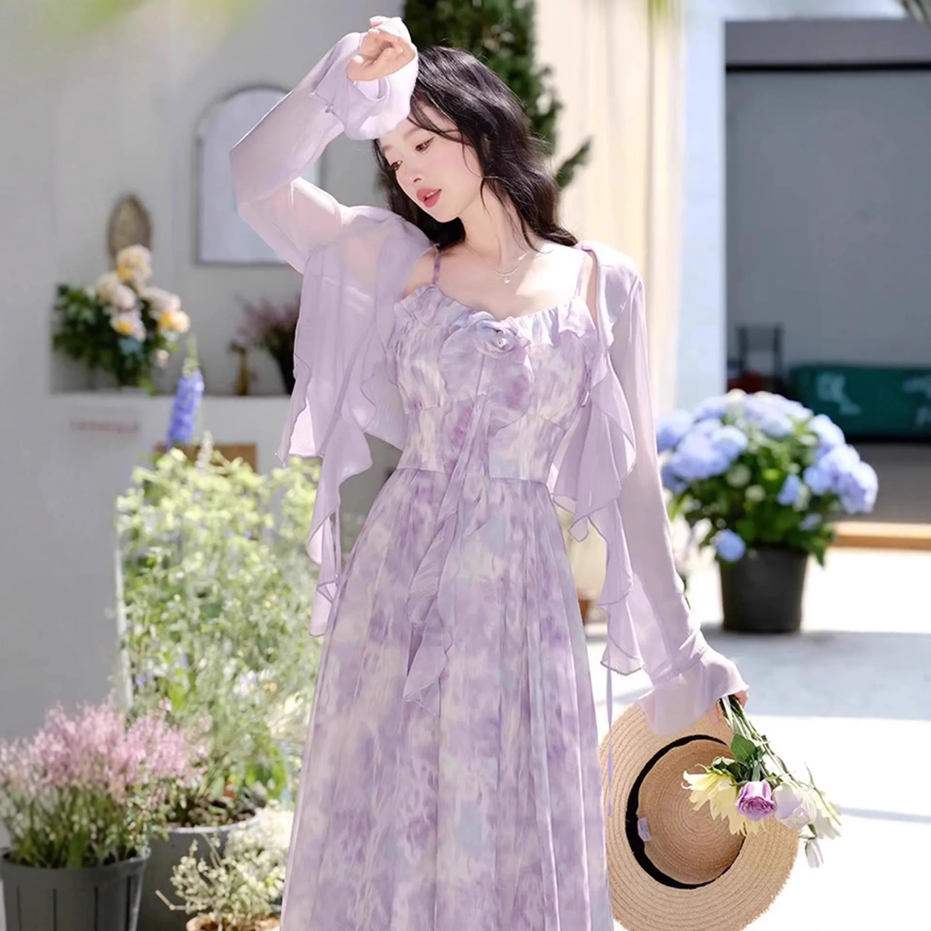 Ruffled Floral Cami Dress Women Summer Unique Waist-Cinched Long Dresses Matching Set