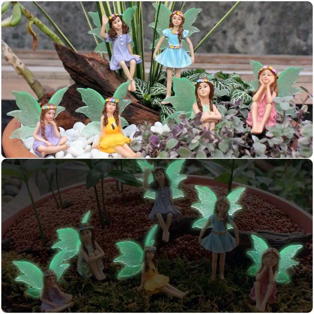 6PCS Multicolor Miniature Fairy Figurine Glow in The Dark Beautiful Wings Fairy Bonsai Ornament Resin Fairy Garden