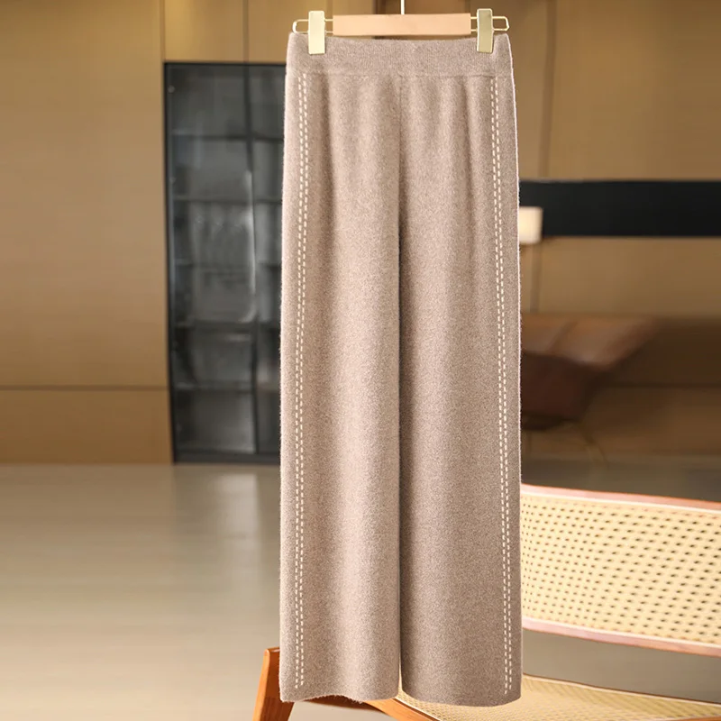 Women 100% Wool High Waist Wool Wide Leg Pants Autumn Winter Thick Warm Knitted Side Vertical Striped Woolen Fabric Women Pantsn