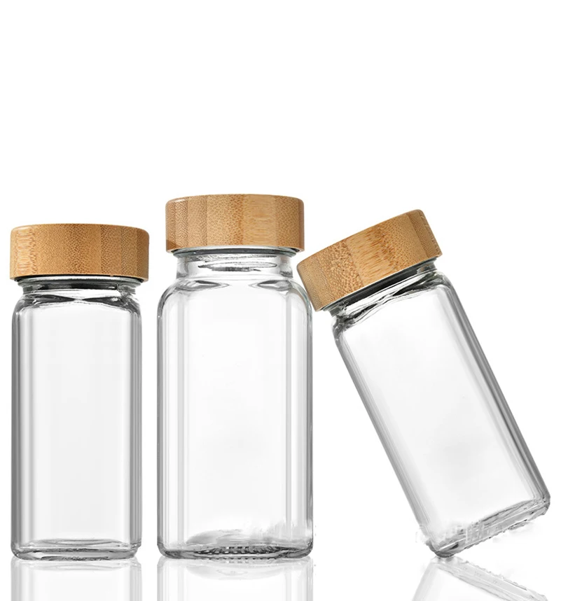 3pcs Glass Seasoning Bottle with Bamboo Cover Cap Clear Square Salt Jar Kitchen Condiment Bottle Storage Bottle Seasoning Tools