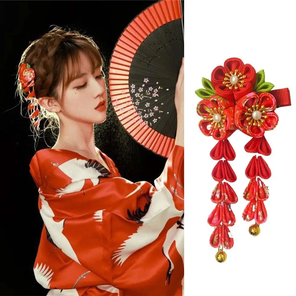 Sweet Bell Kimono Sakura Hairpin Flower Japanese Style Tassel Hair Clip Hanfu Fan Hair Clip Girl Hair Accessories Girls