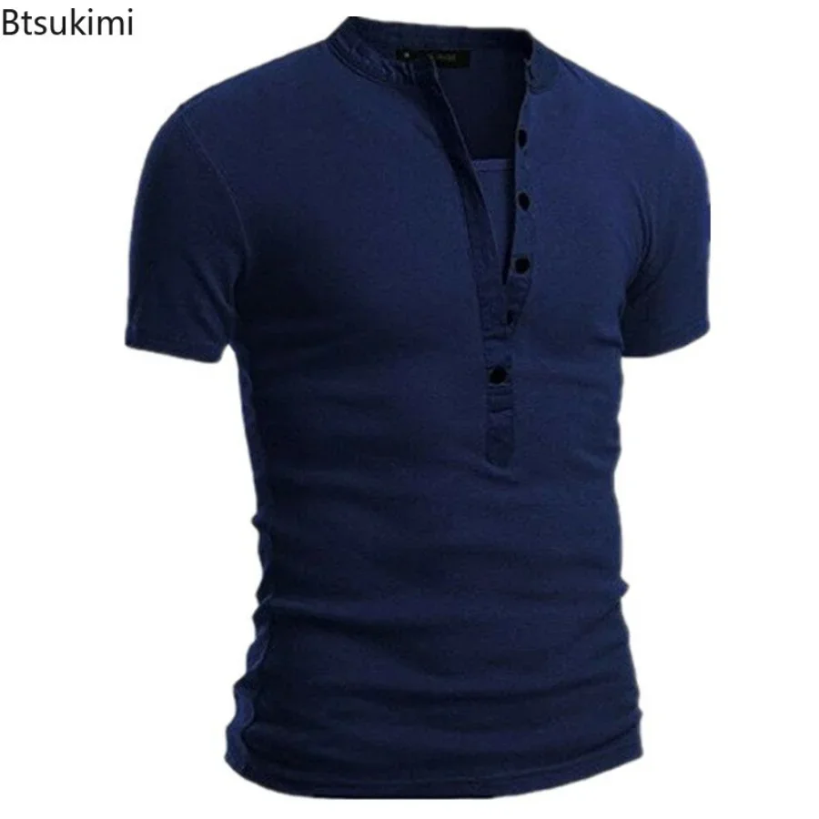 2024 Men\'s Summer Casual Shirts Solid V-neck Button Slim Fit T-Shirts for Men Fashion Short Sleeve Tees Tops Men Clothing S-3XL