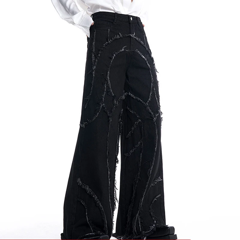 FEWQ, pantalones vaqueros de nicho con diseño deconstructivo para hombre, pantalones holgados rectos de pierna ancha de Color sólido, ropa oscura para hombre 24E2851