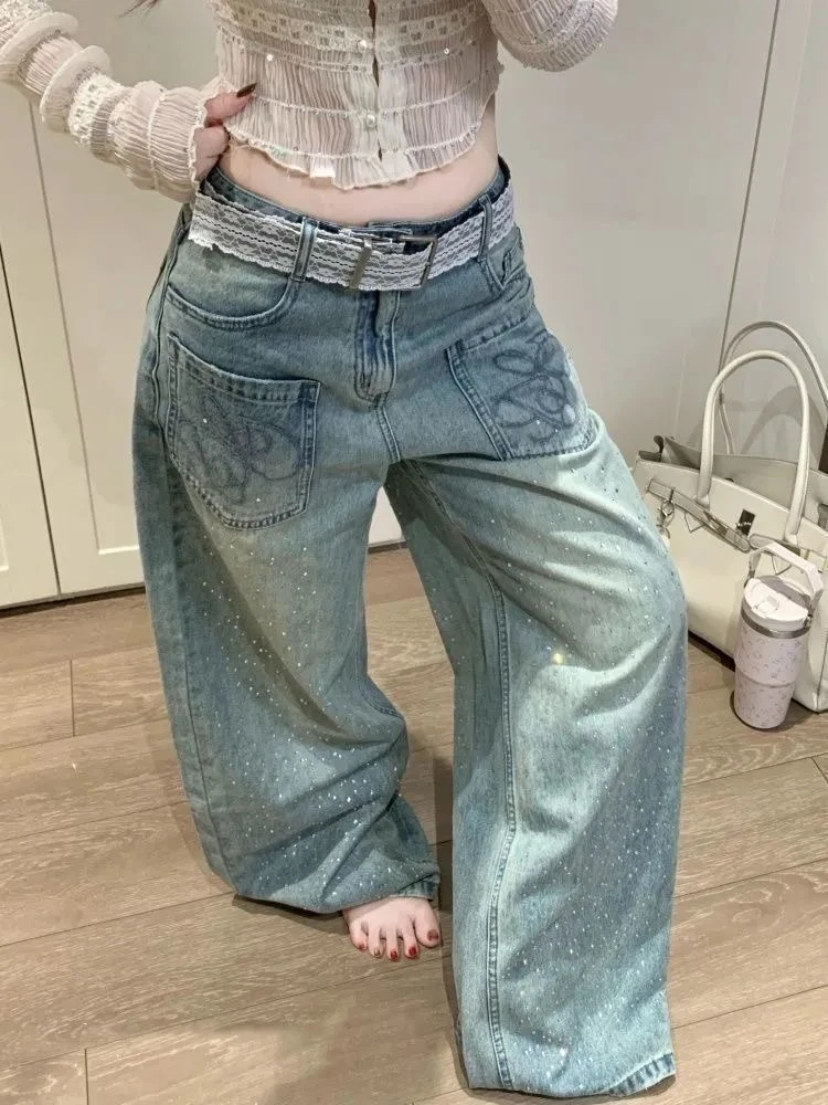 Women Light Blue Distressed Baggy Denim Pants High Waist Embroidery Pocket Gradient Rhinestone Scatter Wide Leg Y2K Street Jeans