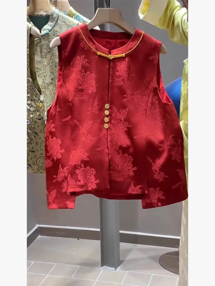 เสื้อกั๊กสไตล์จีนใหม่สำหรับผู้หญิง ฤดูร้อน ดีไซน์หรูหรา วินเทจ ประณีต กระดุมแบบจีน เสื้อคลุมไหล่