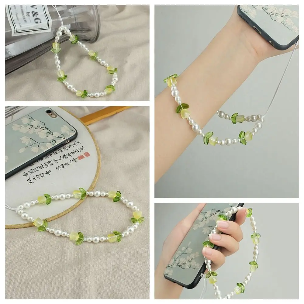 진주 비즈 튤립 비즈 폰 참 스트랩 튤립 글라스 튤립 모바일 폰 체인 짧은 컬러풀 플라워 비즈드 셀폰 스트랩