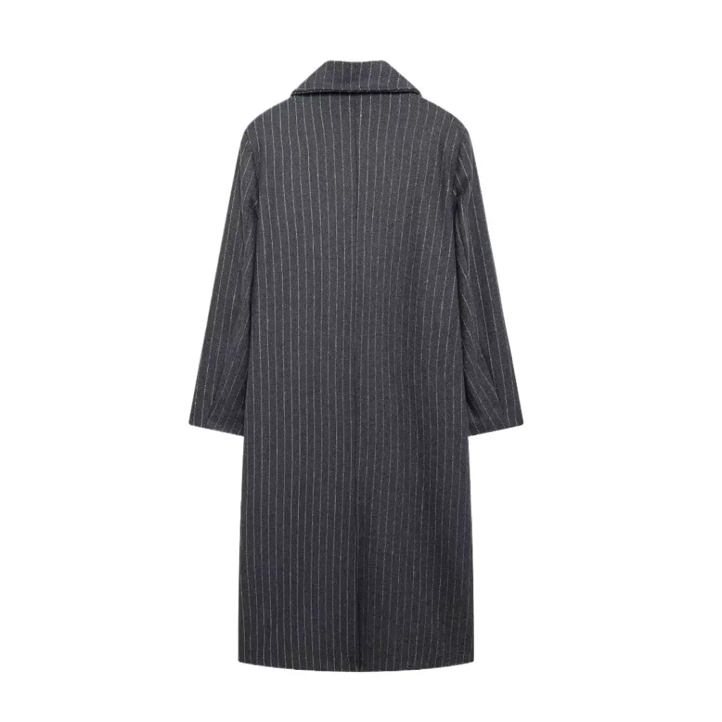 

Autumn New European American Style Striped Wool Double-Breasted Loose Long Coat Women's Fashion Outerwear