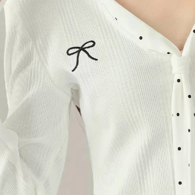 

White Polka Dot Bowknot V-Neck Ribbon Long Sleeve T-Shirt For Women