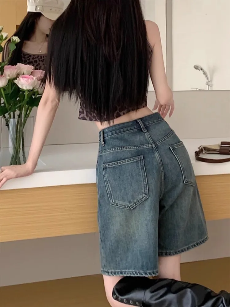 

High Waist Wide Leg Jeans Shorts Women's Summer New Style Retro Straight Cut plus Size Slimming Denim Shorts Casual Zipper