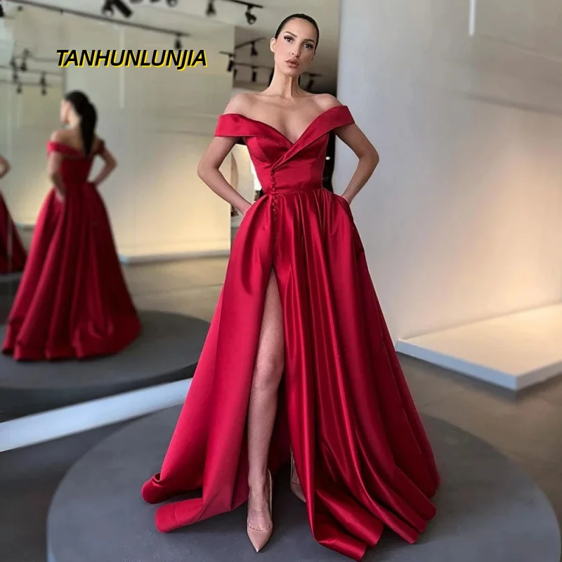 

Simple Green Satin Evening Dress Long Party Gowns Elegant Prom Dresses Button High Slit Formal Party Robe de soiree Customized